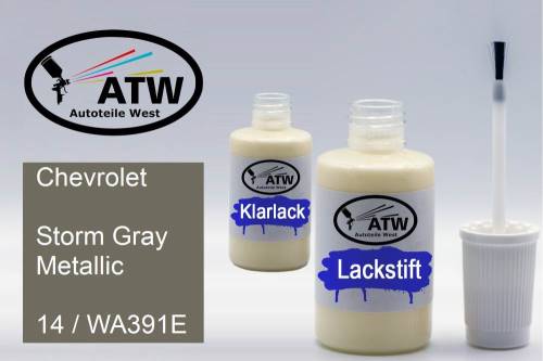 Chevrolet, Storm Gray Metallic, 14 / WA391E: 20ml Lackstift + 20ml Klarlack - Set, von ATW Autoteile West.